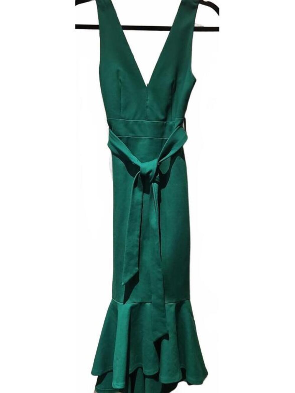 LENA Women's Green Size Small Hi Low V Neck Sleeveless Zip Belt Dress